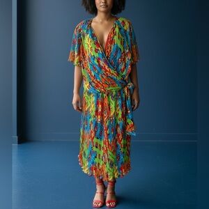 Vtg 80s Diane Freis Colorful Print Skirt Set Fits L/XL Micro Pleated Maximalism
